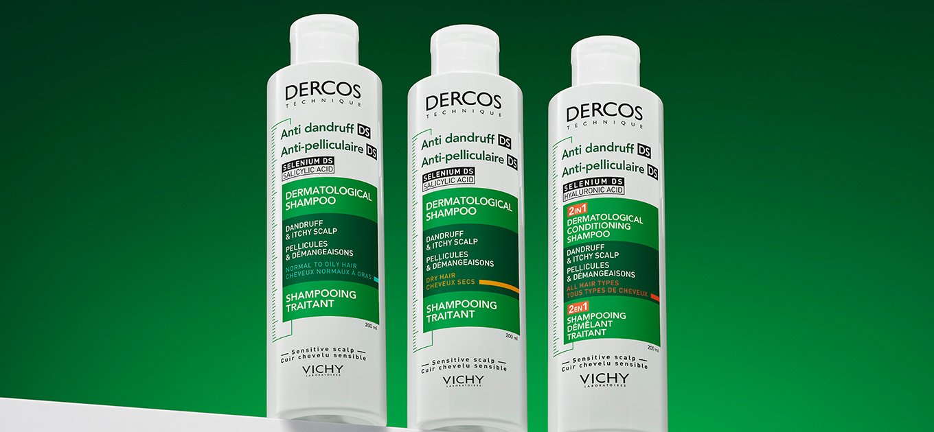 3 Dercos products lined up against a green background