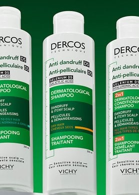 3 Dercos products lined up against a green background