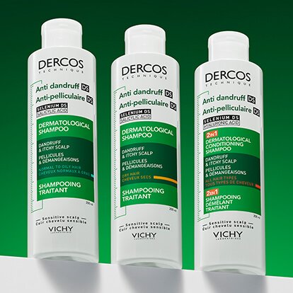 3 Dercos products lined up against a green background mobile