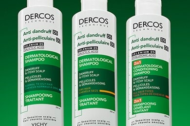 Line-up of Vichy Dercos options per scalp concern