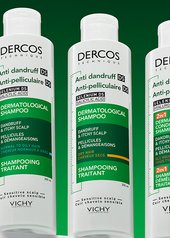 3 Dercos products standing against a green background