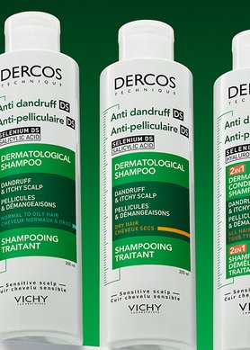 3 Dercos products standing against a green background