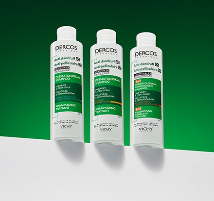 3 Dercos products standing against a green background