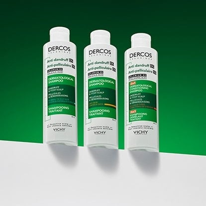 3 Dercos products standing against a green background