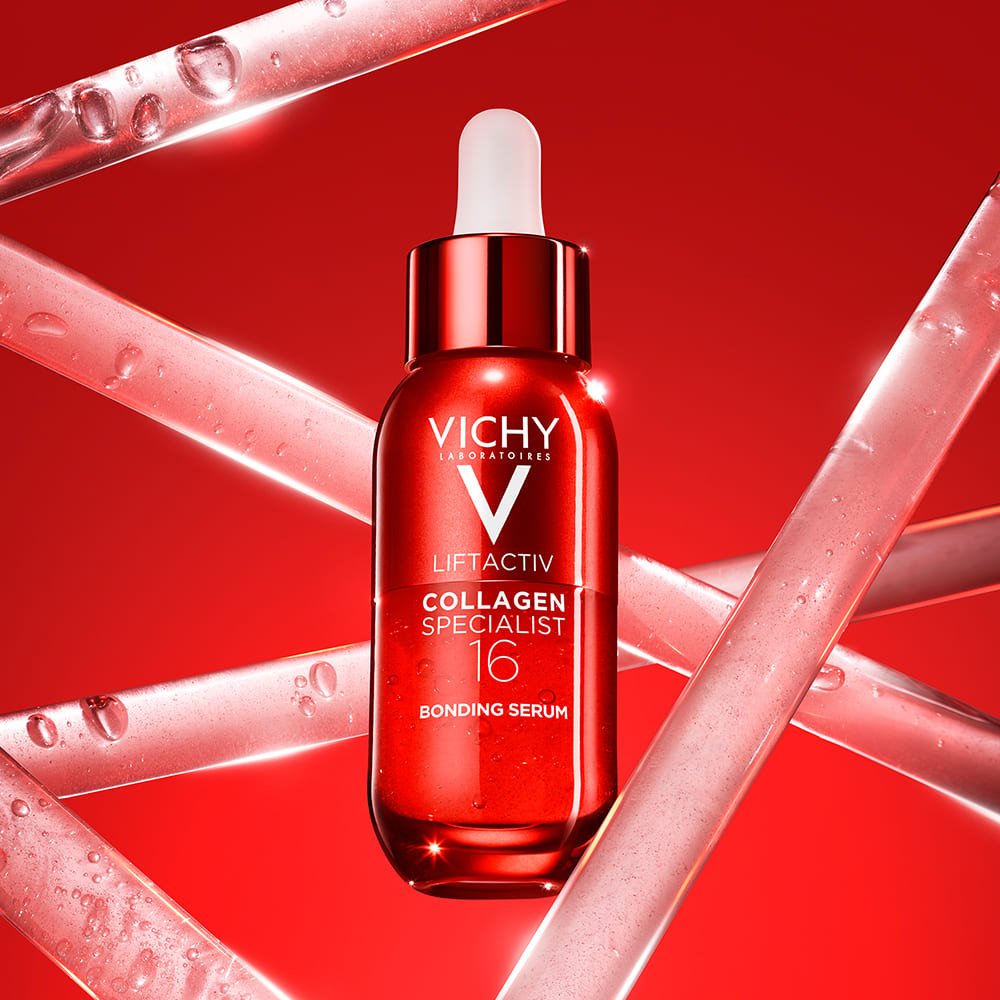 Vichy Collagen Specialist 16 Bonding surrounded by laser-style pipettes