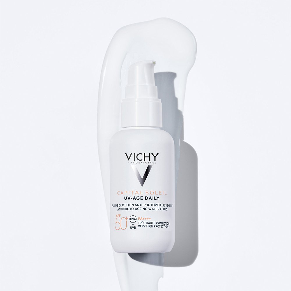 Vichy UV-Age Daily on top of a swatch of white sunscreen 