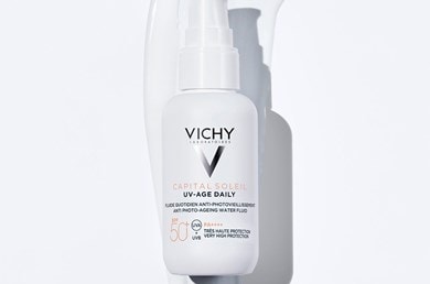 Vichy UV-Age Daily on top of a swatch of white sunscreen