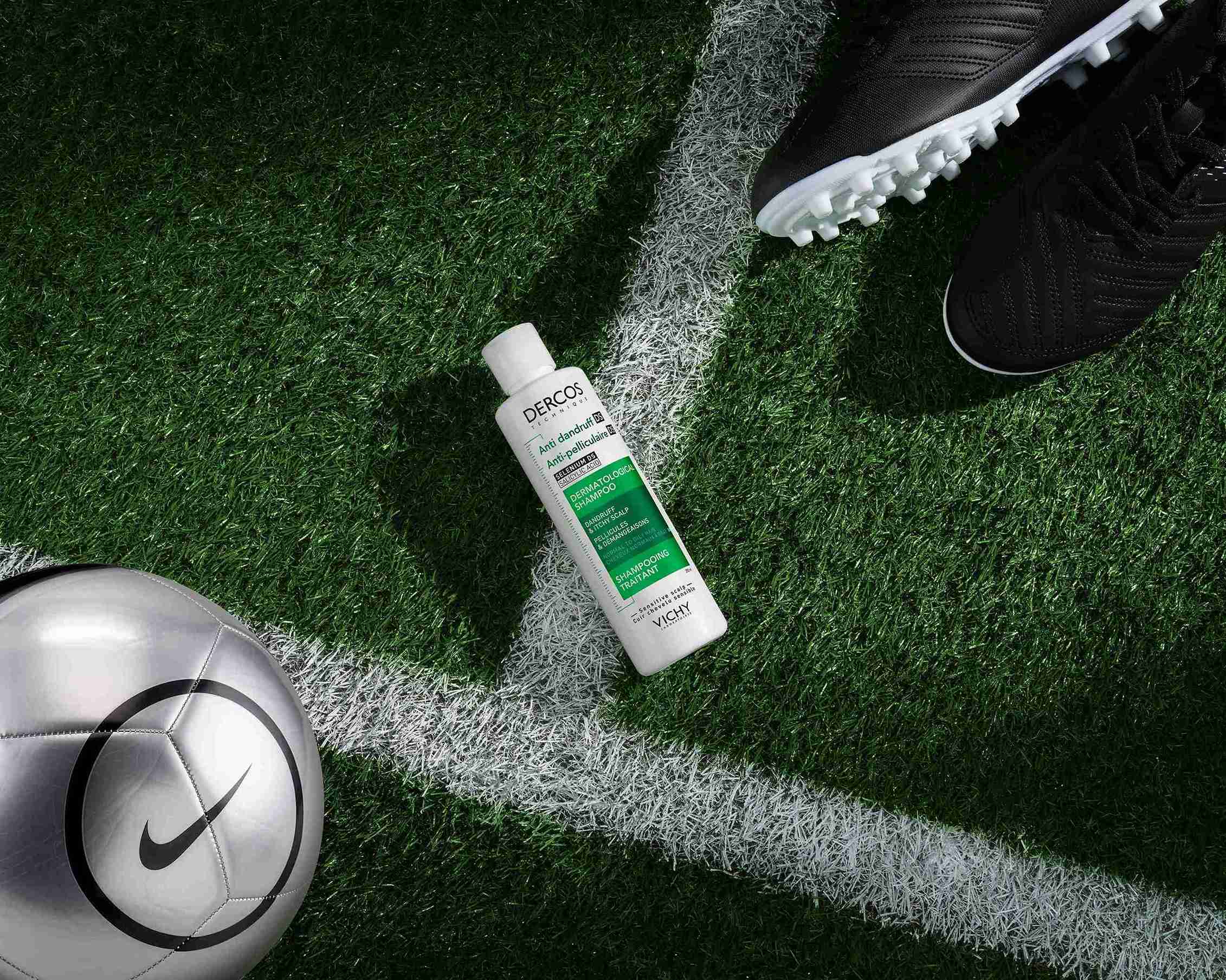 Vichy Dercos on a football field, to help stay flake-free post-workout